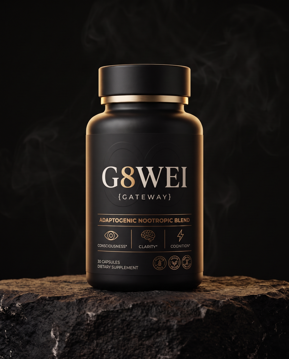 G8WEI Threshold Compound — matte black bottle with gold detailing on volcanic stone