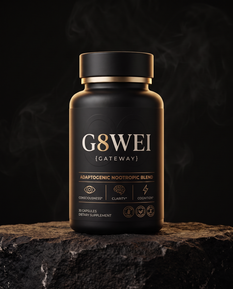 G8WEI Threshold Compound matte black bottle with gold detailing on volcanic stone