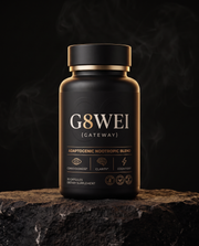 G8WEI Threshold Compound — matte black bottle with gold detailing, 30 capsules, on volcanic stone