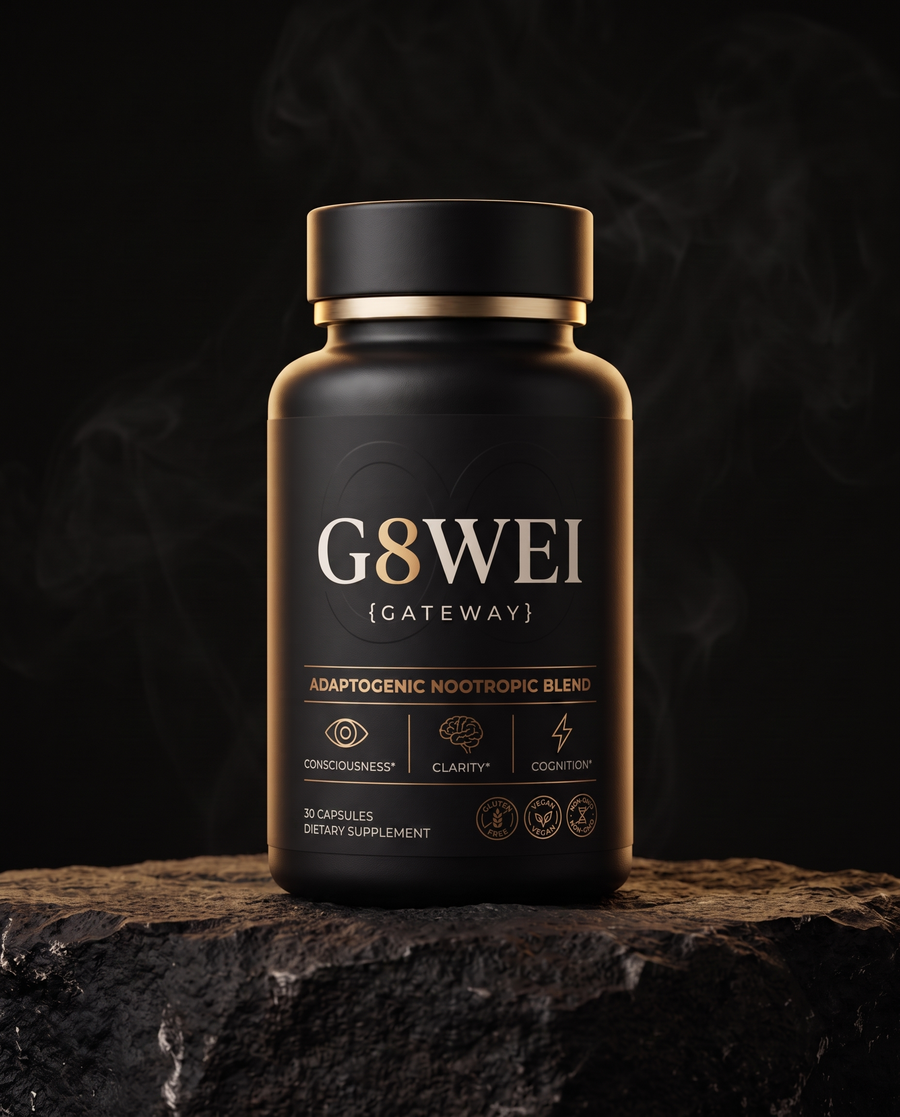 G8WEI Threshold Compound — matte black bottle with gold detailing, 30 capsules, on volcanic stone
